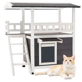 VEVOR Outdoor Cat House, 2-Story Wooden Cat Shelter with Stairs & Balcony, Elevated Feral Kitty Shelter, Spacious Room