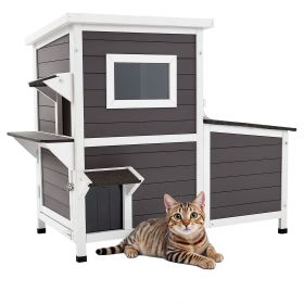 Outdoor Cat House, 2-Story Wooden Cat Shelter for 3 Outside Cats in Winter, Elevated Feral Kitty Shelter with Stairs, Clear Window & Flap Doors